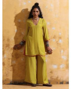 Lime Yellow Muslin Silk Co-ord Set- Set of 2