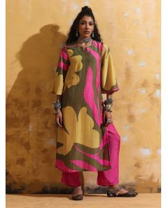 Green Pink Printed Muslin Silk Kurta with Pants- Set of 2