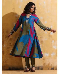 Green Blue Printed Muslin Silk Kurta with Pants- Set of 2
