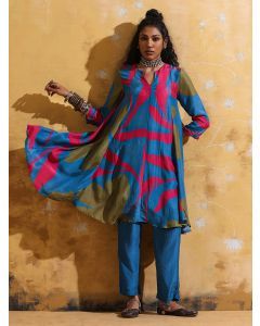 Green Blue Printed Muslin Silk Kurta with Pants- Set of 2