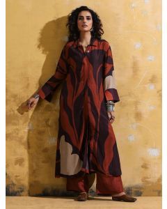 Brown Printed Muslin Silk Kurta with Pants- Set of 2