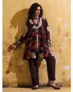 Brown Printed Muslin Silk Kurta with Pants- Set of 2