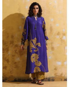 Purple Printed Muslin Silk Kurta with Pants- Set of 2