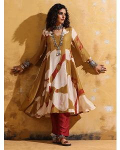 Mustard Yellow Printed Muslin Silk Kurta with Pants- Set of 2