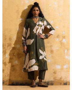 Green Printed Muslin Silk Kurta with Pants- Set of 2