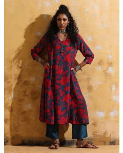 Red Printed Muslin Silk Kurta with Pants- Set of 2