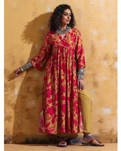 Mustard Yellow Red Printed Muslin Silk Kurta with Pants- Set of 2