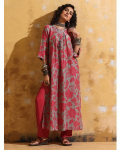 Pink Printed Muslin Silk Kurta with Pants- Set of 2