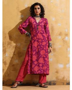 Purple Pink Printed Muslin Silk Kurta with Pants- Set of 2
