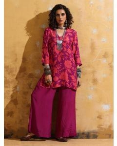 Purple Pink Printed Muslin Silk Co-ord Set- Set of 2