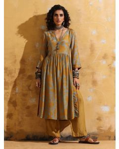 Mustard Yellow Printed Muslin Silk Kurta with Pants- Set of 2