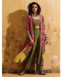 Green Printed Muslin Silk Co-ord Set- Set of 3