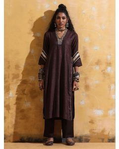 Brown Lace Cotton Blend Kurta with Pants- Set of 2
