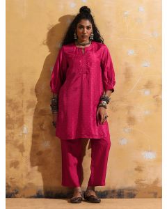 Pink Printed Visocse Silk Kurta with Pants- Set of 2