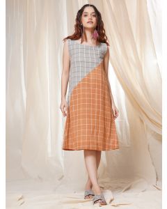 Rust Grey Checkered Handwoven Cotton Dress