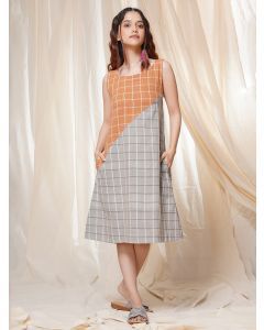 Rust Grey Checkered Handwoven Cotton Dress