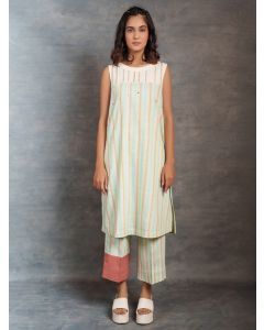 Multicolor Striped Organic Cotton Hand Embroidered Kurta with Pants- Set of 2