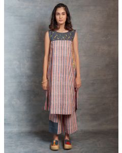 Grey Orange Striped Organic Cotton Kurta with Pants- Set of 2