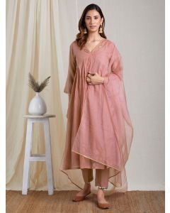 Mauve Hand Embroidered Chanderi Gathered Suit with Organza Dupatta- Set of 3