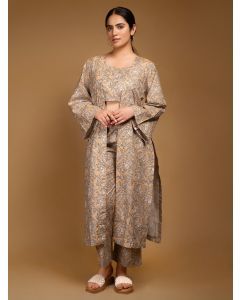 Yellow Grey Printed Cotton Blouse with Cape and Pants- Set of 3