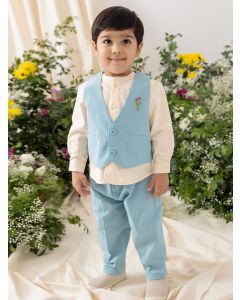 Cream Cotton Shirt with Embroidered Waistcoat and Pants- Set of 3