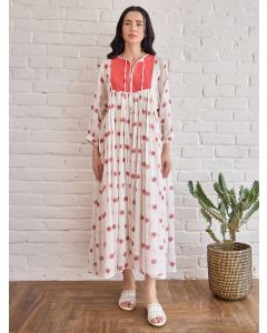 White Red Hand Block Printed Cotton Dress