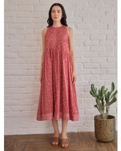 Red Hand Block Printed Cotton Mulmul Dress with Slip