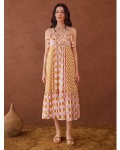 Orange Hand Block Printed Cotton Mulmul Dress