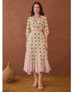 Pink Green Hand Block Printed Cotton Mulmul Dress