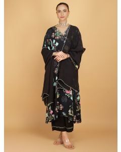 Black Printed Crepe Sequins Work Suit- Set of 3