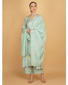Green Printed Crepe Sequins  Work Suit- Set of 3