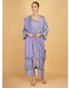 Purple Printed Crepe Sequins Work Suit- Set of 3