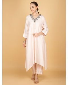 Ivory Hand Embroidered Cotton Silk Kaftan with Pants- Set of 2