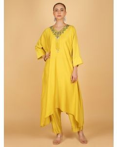 Yellow Hand Embroidered Cotton Silk Kaftan with Pants- Set of 2