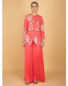Coral Printed Cotton Silk Embroidered Co-ord Set- Set of 2