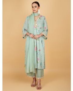 Green Printed Crepe Mirror Work Suit- Set of 3