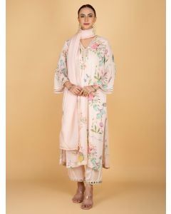 Pink Printed Crepe Mirror Work Suit- Set of 3