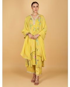 Yellow Printed Crepe Mirror Work Suit- Set of 3