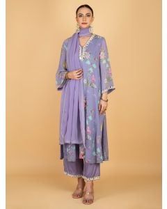 Purple Printed Crepe Mirror Work Suit- Set of 3