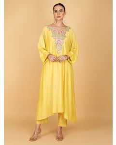 Yellow Hand Embroidered Cotton Silk Kurta with Pants- Set of 2