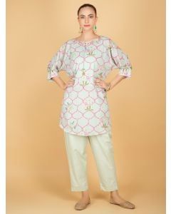 Green Printed Cotton Embroidered Kurta with Inner and Pants- Set of 2