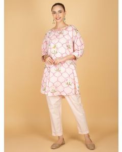 Pink Printed Cotton Embroidered Kurta with Inner and Pants- Set of 2