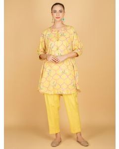Yellow Printed Cotton Embroidered Kurta with Inner and Pants- Set of 2