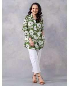 Olive Green Printed Cotton Mulmul Shirt