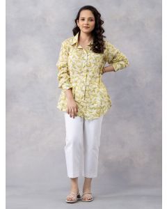 Cream Yellow Printed Cotton Mulmul Shirt