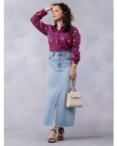 Navy Blue Red Printed Cotton Mulmul Shirt
