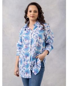White Blue Printed Cotton Mulmul Shirt