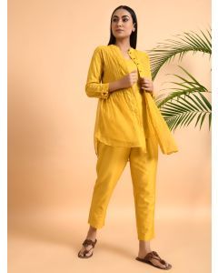 Yellow Hand Embroidered Cotton Dobby Shirt with Slip