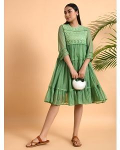 Green Lace Work Cotton Dobby Dress