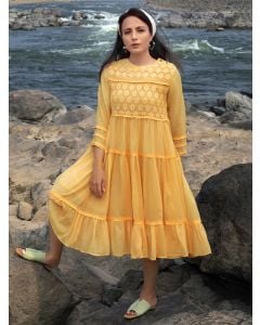 Yellow Lace Work Cotton Dobby Dress